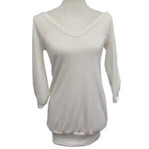 Passion Womens Small White Viscos Spandex Long Sleeve Lace Up V Neck Top